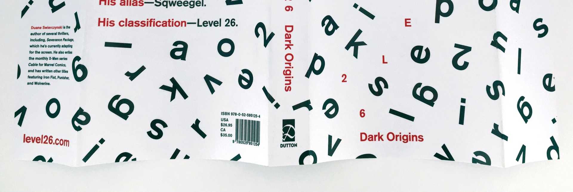 The lower half of the unfolded Level 26: Dark Origins Book Cover redesign.